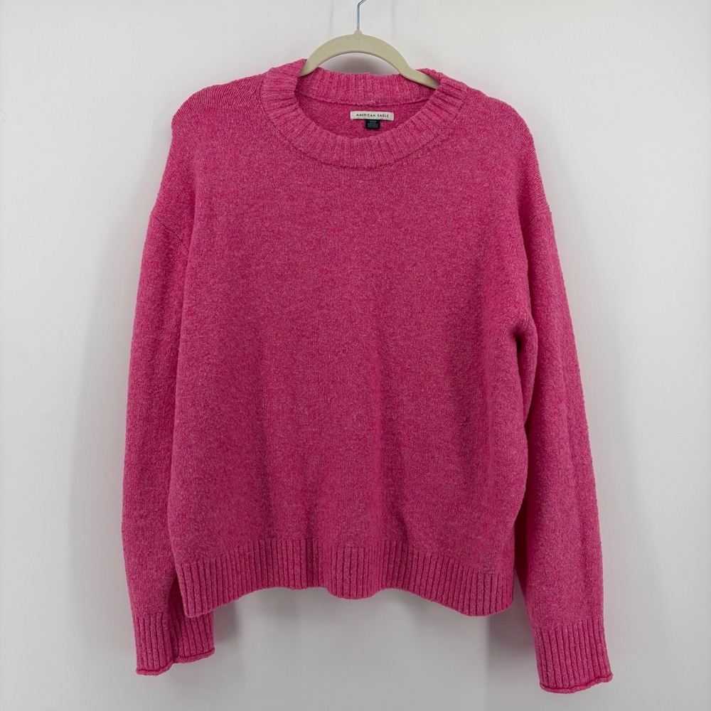 American Eagle Sweater Pink Medium Crewneck Relaxed Fit Ribbed Knit Long Sleeve